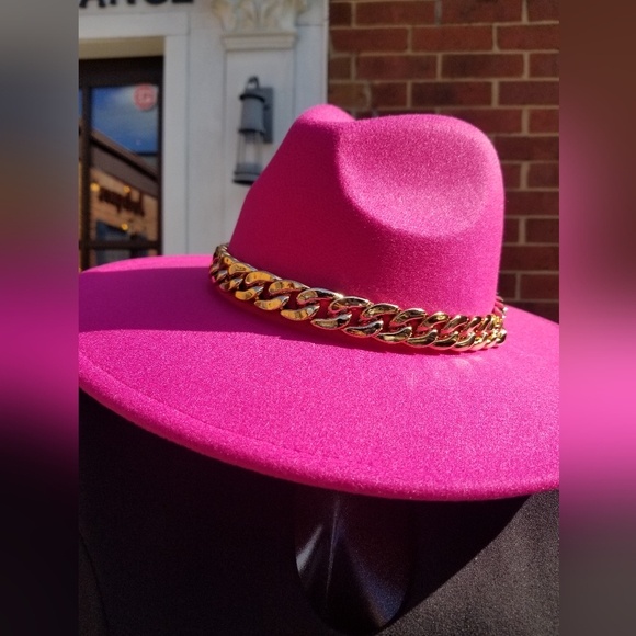 Fuschia Pink Fedora with Faux Gold Chain - Picture 11 of 15